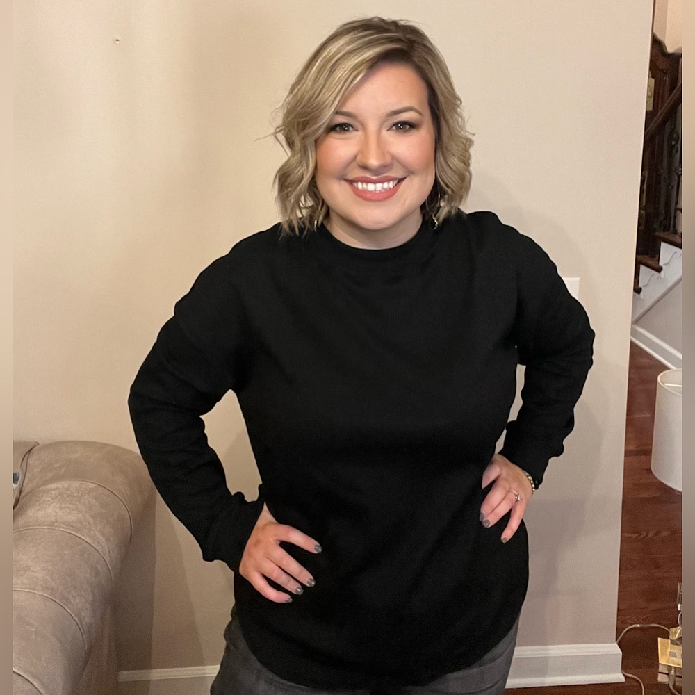 Black Crew Neck Ribbed Trim Waffle Knit Top